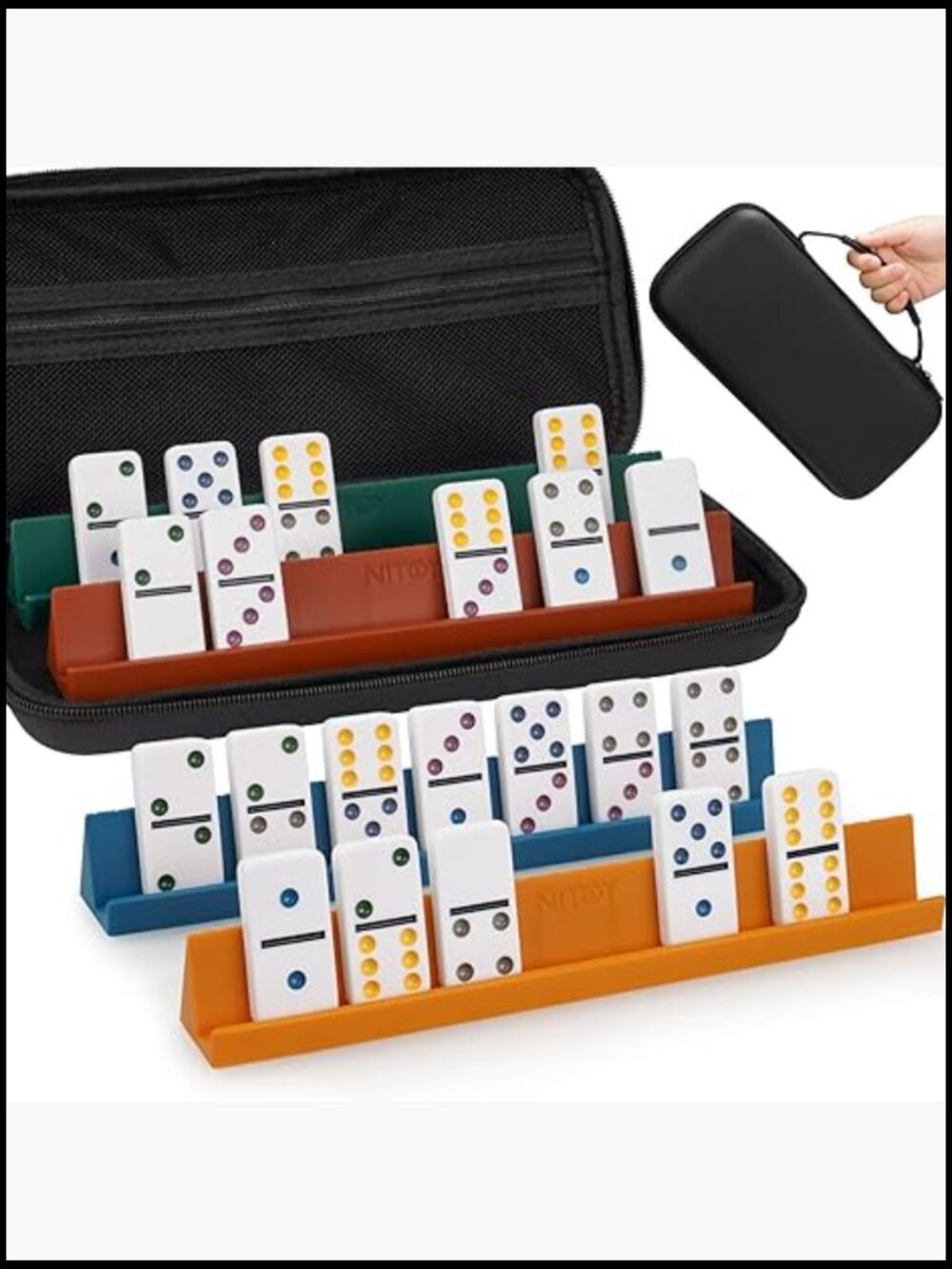 Double Six Domino Set with 28 Tiles and 4 Silicone Racks Portable Case Family
